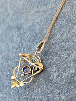 9ct gold Victorian amethyst & seed pearl necklace pendant lavaliere pin