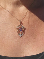 9ct gold Victorian amethyst & seed pearl necklace pendant lavaliere pin