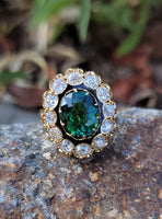 18k gold green tourmaline, enamel & old mine cut diamond estate antique halo ring