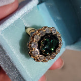18k gold green tourmaline, enamel & old mine cut diamond estate antique halo ring