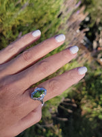14k white gold c.1920's c.1930's Deco filigree marquise peridot ring
