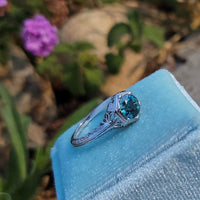18k white gold Art Deco c.1920's natural blue zircon estate filigree ring