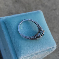 18k white gold Art Deco c.1920's natural blue zircon estate filigree ring