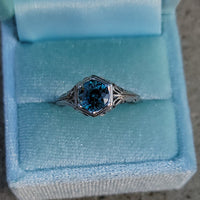 18k white gold Art Deco c.1920's natural blue zircon estate filigree ring