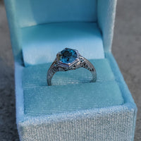 18k white gold Art Deco c.1920's natural blue zircon estate filigree ring