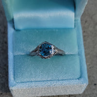 18k white gold Art Deco c.1920's natural blue zircon estate filigree ring