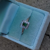 platinum emerald & diamond halo estate ring