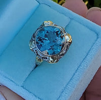 14k gold two tone Art Deco blue spinel filigree ring
