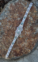 platinum & 14k white gold c.1920's Art Deco filigree diamond & emerald arrow bracelet