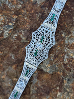 platinum & 14k white gold c.1920's Art Deco filigree diamond & emerald arrow bracelet