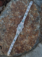 platinum & 14k white gold c.1920's Art Deco filigree diamond & emerald arrow bracelet