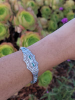 platinum & 14k white gold c.1920's Art Deco filigree diamond & emerald arrow bracelet