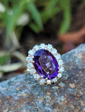 14k yellow gold oval AMETHYST & diamond halo estate cocktail ring