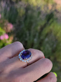 14k yellow gold oval AMETHYST & diamond halo estate cocktail ring