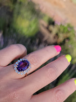 14k yellow gold oval AMETHYST & diamond halo estate cocktail ring