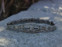 14k white gold c.1920's Deco filigree diamond & blue sapphire bracelet