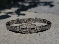 14k white gold c.1920's Deco filigree diamond & blue sapphire bracelet
