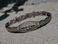 14k white gold c.1920's Deco filigree diamond & blue sapphire bracelet