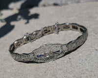 14k white gold c.1920's Deco filigree diamond & blue sapphire bracelet