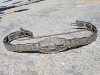 14k white gold c.1920's Deco filigree diamond & blue sapphire bracelet