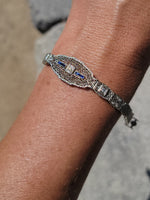 14k white gold c.1920's Deco filigree diamond & blue sapphire bracelet