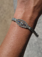 14k white gold c.1920's Deco filigree diamond & blue sapphire bracelet
