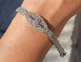 14k white gold c.1920's Deco filigree diamond & blue sapphire bracelet