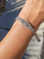 14k white gold c.1920's Deco filigree diamond & blue sapphire bracelet