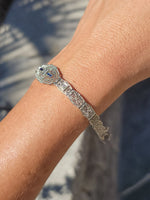 14k white gold c.1920's Deco filigree diamond & blue sapphire bracelet