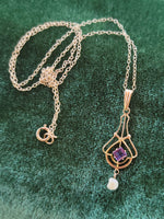 10k gold Victorian amethyst & seed pearl necklace pendant lavaliere