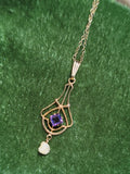 10k gold Victorian amethyst & seed pearl necklace pendant lavaliere