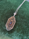 10k white gold c.1920's filigree garnet pendant necklace