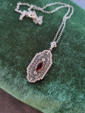 10k white gold c.1920's filigree garnet pendant necklace