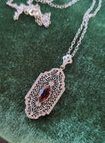 10k white gold c.1920's filigree garnet pendant necklace
