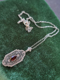 10k white gold c.1920's filigree garnet pendant necklace