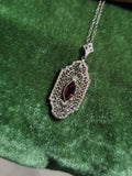 10k white gold c.1920's filigree garnet pendant necklace