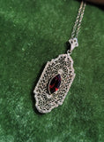 10k white gold c.1920's filigree garnet pendant necklace