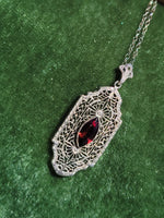 10k white gold c.1920's filigree garnet pendant necklace