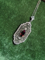 10k white gold c.1920's filigree garnet pendant necklace