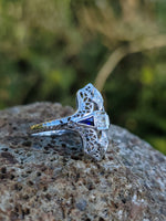 18k white gold diamond & sapphire estate Art Deco c.20-30's filigree glove shield ring