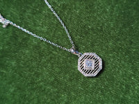 14k white gold Deco c.1920's filigree diamond pendant necklace