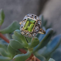 14ct gold two tone emerald cut peridot & diamond estate ring