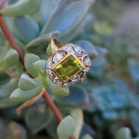 14ct gold two tone emerald cut peridot & diamond estate ring