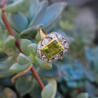 14ct gold two tone emerald cut peridot & diamond estate ring