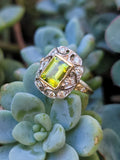 14ct gold two tone emerald cut peridot & diamond estate ring