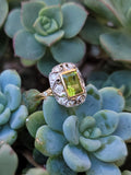 14ct gold two tone emerald cut peridot & diamond estate ring