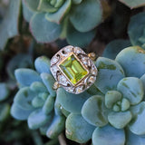 14ct gold two tone emerald cut peridot & diamond estate ring