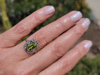 14ct gold two tone emerald cut peridot & diamond estate ring