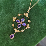 9ct gold Victorian amethyst & seed pearl necklace pendant lavaliere