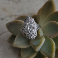 platinum Art Deco c.1920's filigree diamond glove shield ring